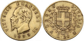 Vittorio Emanuele II (1861-1878). 20 lire 1873 Milano. Pag. 468; MIR (Savoia) 1078o. AU. 6.44 g. 21.00 mm. qBB/BB.