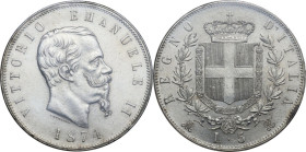 Vittorio Emanuele II (1861-1878). 5 lire 1874 Milano. Pag. 498; MIR (Savoia) 1082t. AG. 37.00 mm. Perizia Esposito (SPL/qFDC). SPL+.