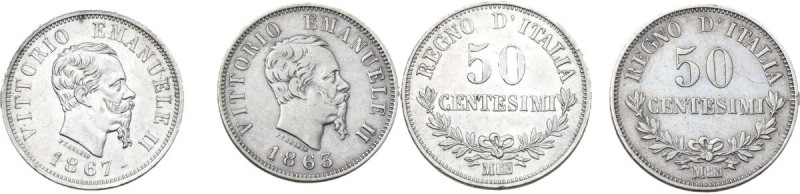 Vittorio Emanuele II (1861-1878). Lotto di due (2) monete da 50 centesimi (valor...