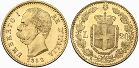 Umberto I (1878-1900). 20 lire 1882. Pag. 658; MIR (Savoia) 1098e. AU. 6.44 g. 21.00 mm. Segnetti da contatto. qFDC/FDC.