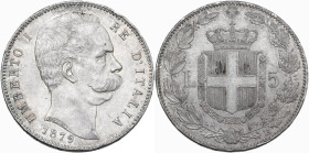 Umberto I (1878-1900). 5 lire 1879. Pag. 590; MIR (Savoia) 1100a. AR. 24.95 g. 37.00 mm. Minimi colpetti al ciglio. Bella patina riposata. SPL.