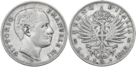Vittorio Emanuele III (1900-1943). Lira 1905. Pag. 765; MIR (Savoia) 1145c. AG. 4.95 g. 23.00 mm. RR. Spazzolata. qBB.