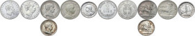 Lotto di cinque (5) monete: Vittorio Emanuele II: 2 lire (valore) 1863 Napoli; Umberto I: 2 lire 1885; Vittorio Emanuele III: 2 lire 1908, 2 lire 1917...