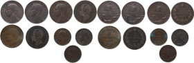 Lotto di nove (9) monete: 2 centesimi 1861 Milano, 2 centesimi 1867 Milano, 2 centesimi 1903 Roma, 2 centesimi 1915 (2) italia su prora, 2 centesimi 1...