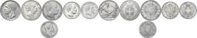 Lotto di sei (6) monete: Vittorio Emanuele II: lira 1857 (re di Sardegna), lira 186? (re eletto); Umberto I: 2 lire 1883; Vittorio Emanuele III: 10 li...