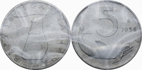 5 lire 1956. Mont. 10. It. 20.20 mm. RR. Perizia Rollero (BB+/qSPL). Bel BB.