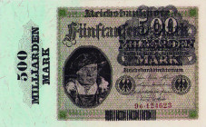 Deutsches Reich bis 1945
Geldscheine der Inflation 1919-1924 500 Milliarden Mark 15.3.1923. Überdruck auf 5000 Mark Ro. 121 b Grab. DEU-146 b II+