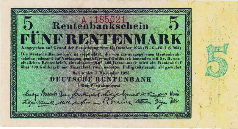 Deutsches Reich bis 1945
Deutsche Rentenbank 1923-1937 5 Rentenmark 1.11.1923. ...