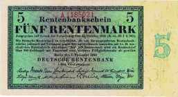 Deutsches Reich bis 1945
Deutsche Rentenbank 1923-1937 5 Rentenmark 1.11.1923. KN A 1185021 Ro. 156 b Grab. DEU-201 b I-
