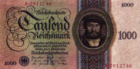 Deutsches Reich bis 1945
Deutsche Reichsbank 1924-1945 1000 Reichsmark 11.10.1924. KN A 0912746 Ro. 172 a Grab. DEU-178 a I-