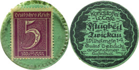 Briefmarkenkapselgeld
Zwickau 5 Pfennig Ziffermarke o.J. Konditorei u. Café Pflugbeil. Pappkapsel mit Zelluloidfolie Pick - Me. 28210.1 Selten. Vorzü...