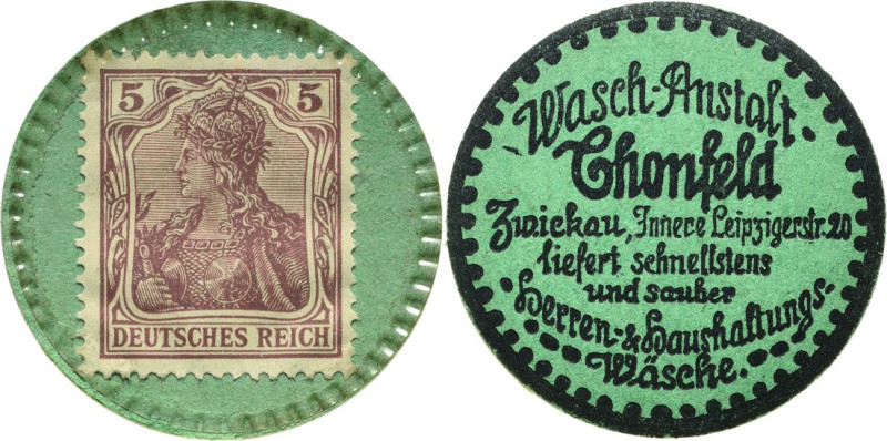 Briefmarkenkapselgeld
Zwickau 5 Pfennig o.J. Wasch-Anstalt-Chonfeld. Pappkapsel...