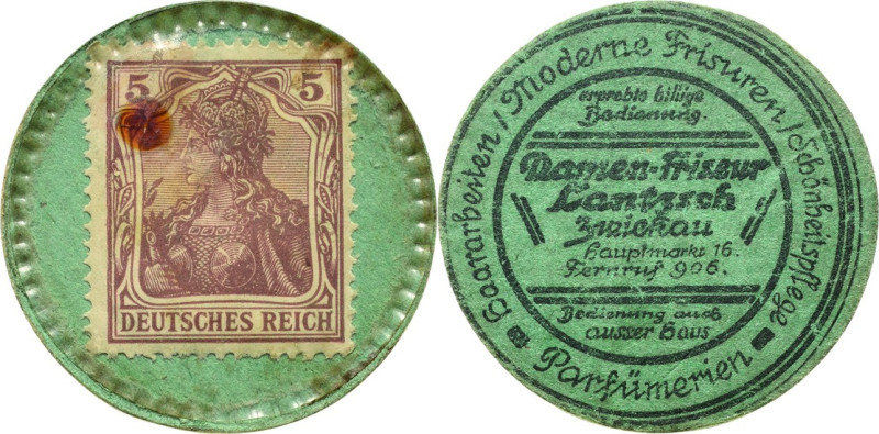 Briefmarkenkapselgeld
Zwickau 5 Pfennig o.J. Damen-Frisur-Lantzsch. Pappkapsel ...