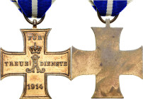 Orden deutscher Länder Schaumburg-Lippe
Kreuz für treue Dienste 1914, 2. Klasse Verliehen 1914/1918. Am Band für Kämpfer. Bronze, vergoldet, 36 x 36 ...