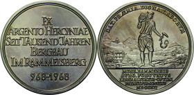 Ausbeute, Bergbau, Hüttenwesen
 Silbermedaille 1968 (unsigniert) 1000-jähriger Erzbergbau in Rammelsberg. 6 Zeilen Schrift / Stehender Bergmann mit E...