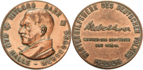 Drittes Reich
 Bronzemedaille 1934 (unsigniert) Winterhilfswerk Gau Halle-Merseburg - Hitlers Dank. Brustbild Hitlers nach links / Schrift. 35,5 mm, ...
