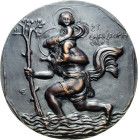 Einseitige Bronzegussmedaille o.J. Hl. Christophorus. Christophorus trägt Christus über einen Fluss nach links. 96,7 x 95,3 mm, 155,21 g Vorzüglich