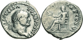 Kaiserzeit
Vespasian 69-79 Denar 75, Rom Kopf mit Lorbeerkranz nach rechts, IMP CAESAR VESPASIANVS AVG / Pax sitzt nach links, PON MAX TR P COS VI RI...