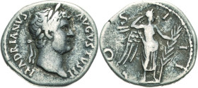 Kaiserzeit
Hadrian 117-138 Denar 125/128, Rom Kopf mit Lorbeerkranz nach rechts, HADRIANVS AVGVSTVS / Victoria steht mit Palmzweig nach rechts, COS I...