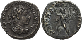 Kaiserzeit
Elagabalus 218-222 Denar 218/222, Rom Brustbild mit Lorbeerkranz nach rechts, IMP ANTONINVS PIVS AVG / Sol schreitet nach links, PM TR P I...