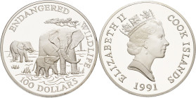 Cook Inseln
Elisabeth II seit 1952 100 Dollars 1991. Endangerd Wildlife. 3 Elefanten. 5 oz Feinsilber. Im Originaletui KM 297 Kl. Kratzer am Rand, Po...