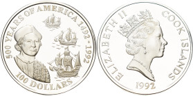 Cook Inseln
Elisabeth II seit 1952 100 Dollars 1992. 500 Jahre Entdeckung Amerikas. 5 oz Feinsilber. Im Originaletui (leicht beschädigt) KM 320 Polie...