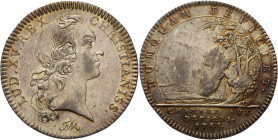 Frankreich-Medaillen und Marken
 Silberjeton 1743. Münzkammer. Kopf Ludwigs XV. nach rechts / Quelle an Felsformation, NUMQUAM DEFICIET (= Niemals wi...
