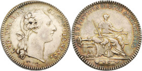Frankreich-Medaillen und Marken
 Silberjeton o.J. Münze Paris. Kopf Ludwigs XVI. nach rechts / Justitia sitzt neben Prägemaschine. 31 mm, 9,6 g Feuar...