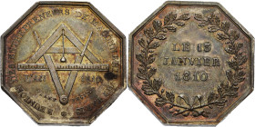 Frankreich-Medaillen und Marken
 Achteckiger Silberjeton 1810 (Jaley) Treffen der Maurerunternehmen in Paris. Maurerzeichen / 3 Zeilen Schrift im Eic...