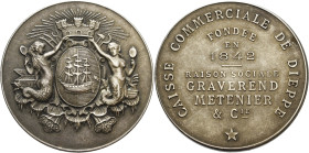 Frankreich-Medaillen und Marken
 Silbermedaille 1842. Caisse commerciale de Dieppe/Normandie. Schiffswappen von zwei Meerjungfrauen gehalten / 7 Zeil...