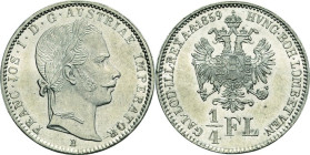 Kaiserreich Österreich
Franz Joseph I. 1848-1916 1/4 Gulden 1859, B-Kremnitz Jaeger 327 Prachtvolles Exemplar vom Erstabschlag. Stempelglanz