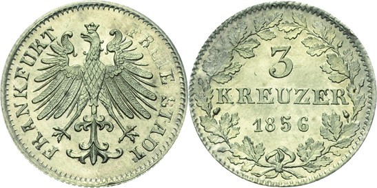 Frankfurt am Main
 3 Kreuzer und Kreuzer 1856. AKS 23, 25 Jaeger 24, 18 2 Stück...