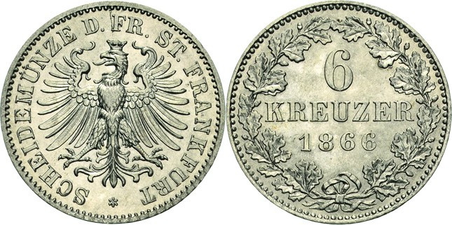 Frankfurt am Main
 6 Kreuzer und Kreuzer 1866. AKS 21, 28 Jaeger 36, 34 2 Stück...