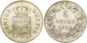 Württemberg
Wilhelm I. 1816-1864 6 Kreuzer 1852. AKS 100 Jaeger 68 Stempelglanz/fast Stempelglanz