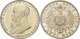 Sachsen-Meiningen
Georg II. 1866-1914 2 Mark 1915 (D) Auf seinen Tod Jaeger 154 Avers kl. Kratzer, vorzüglich-Stempelglanz/Stempelglanz