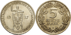 5 Reichsmark 1925 D Rheinlande Jaeger 322 Min. Randfehler, vorzüglich-Stempelglanz