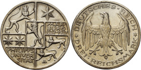 3 Reichsmark 1927 A Marburg Jaeger 330 Kl. Randfehler, vorzüglich