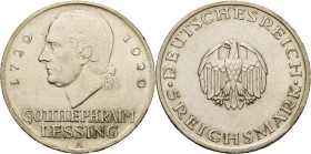 5 Reichsmark 1929 A Lessing Jaeger 336 Kl. Randfehler, fast vorzüglich