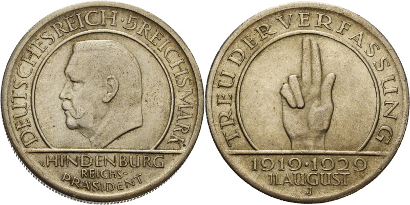 5 Reichsmark 1929 J Verfassung Jaeger 341 Kl. Kratzer, vorzüglich