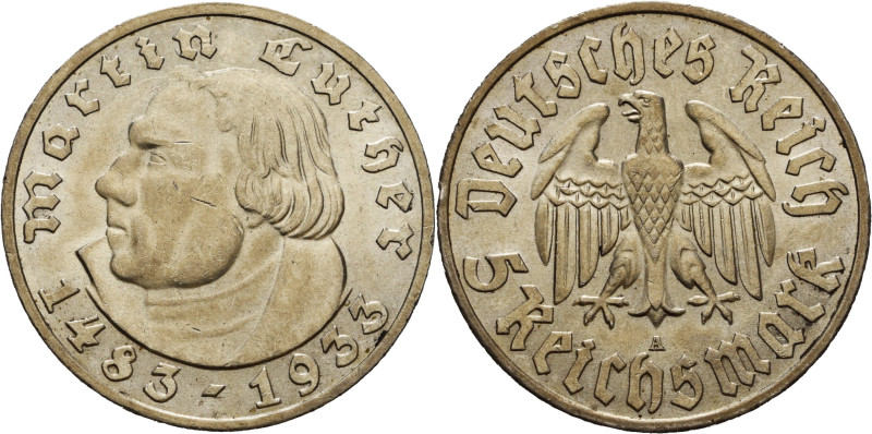 5 Reichsmark 1933 A Luther Jaeger 353 Kl. Kratzer, vorzüglich/vorzüglich-Stempel...
