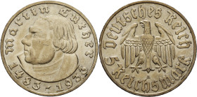 5 Reichsmark 1933 A Luther Jaeger 353 Kl. Kratzer, vorzüglich/vorzüglich-Stempelglanz