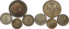 Deutsches Reich allgemein
Lot-4 Stück Sachsen 3 Mark 1904. Kleinmünzen 20 Pfennig 1874 G. 5 Pfennig 1814 D (2x) Sehr schön-Stempelglanz
