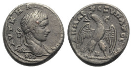 Elagabalus (218-222). Seleucis and Pieria, Antioch. Tetradrachm (25.5mm, 12.63g, 11h). Laureate bust r. with drapery on far shoulder. R/ Eagle standin...