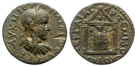 Philip I (244-249). Pamphylia, Perge. Æ (25mm, 9.44g, 12h). Laureate, draped and cuirassed bust r. R/ Distyle temple, with eagle in pediment and conta...