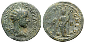 Philip II (247-249). Pisidia, Antioch. Æ (27mm, 11.45g, 6h). Radiate, draped and cuirassed bust r. R/ Providentia standing l., holding wand over globe...