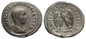 Philip II (Caesar, 244-247). Seleucis and Pieria, Antioch. AR Tetradrachm (28.5mm, 12.97g, 6h). AD 247. Bareheaded, draped and cuirassed bust r. R/ Ea...