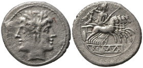 Anonymous, Rome, c. 225-212 BC. AR Quadrigatus (21mm, 5.12g, 11h). Laureate head of Janus. R/ Jupiter, holding sceptre and thunderbolt, in quadriga dr...