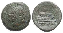 Anonymous, Rome, 217-215 BC. Æ Semuncia (19mm, 7.16g, 6h). Head of Mercury r., wearing winged petasus. R/ Prow r. Crawford 38/7; RBW 100. Green patina...