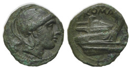 Anonymous, Rome, c. 217-215 BC. Æ Quartuncia (14mm, 2.27g, 12h). Helmeted head of Roma r. R/ Prow of galley r. Crawford 38/8; RBW 103. Green patina, G...
