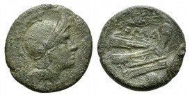 Anonymous, Sicily, c. 214 BC. Æ Uncia (21mm, 5.94g, 12h). Helmeted head of Roma r. R/ Prow r.; grain ear above, pellet below. Crawford 42/4; RBW 144. ...